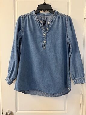 GAP | Chambray Denim Popover Balloon Sleeve Boho Oversized Henley Top | Sz M
